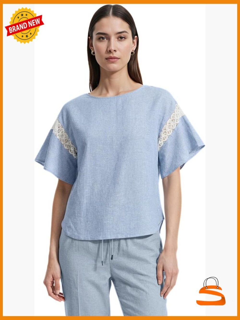 Flutter Sleeve Lace Trim Boat Neck Top Linen Blend